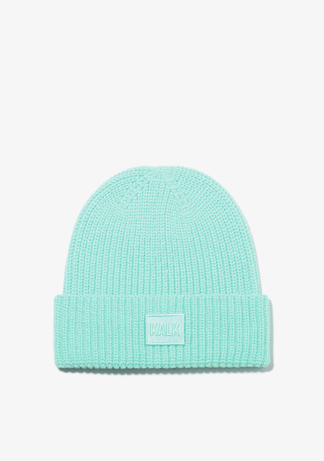 Mint green beanie with a brand logo on a light gray background