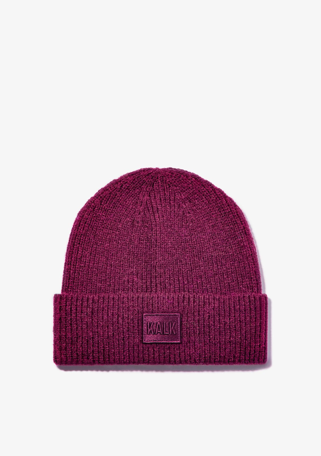 Purple knit beanie with a brand logo on a light gray background