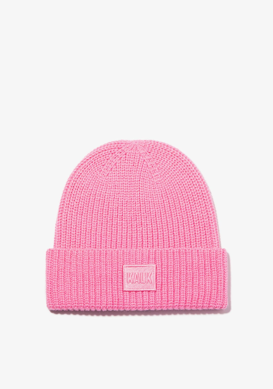 Pink knit beanie with a brand logo on a light gray background