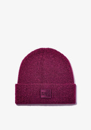 Purple knit beanie with a brand logo on a light gray background