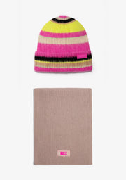 Beanie Flash Fuchsia + Scarf Globe Beige Kalk