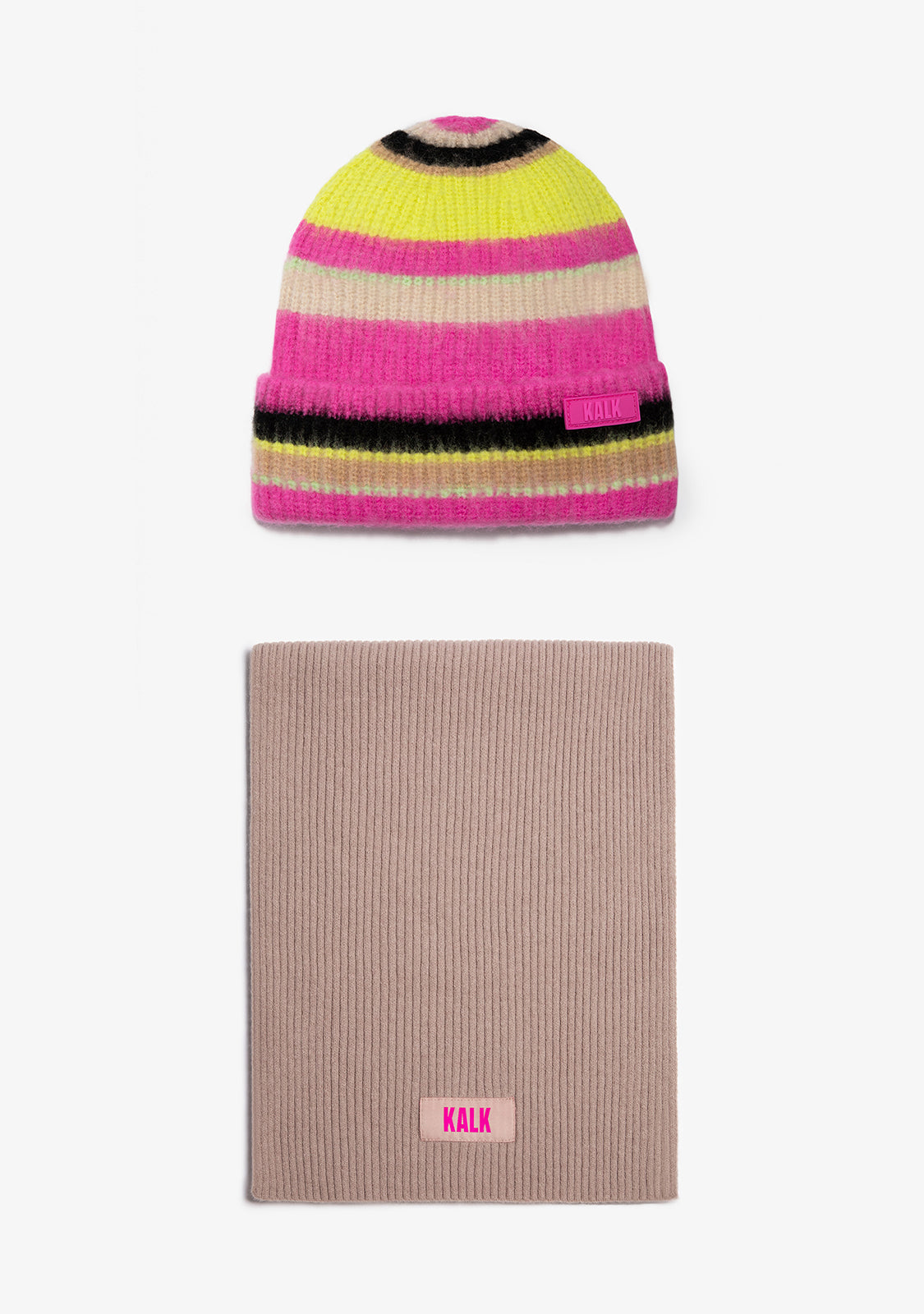 Beanie Flash Fuchsia + Scarf Globe Beige Kalk