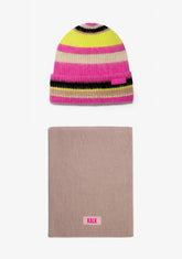 Beanie Flash Fuchsia + Scarf Globe Beige Kalk