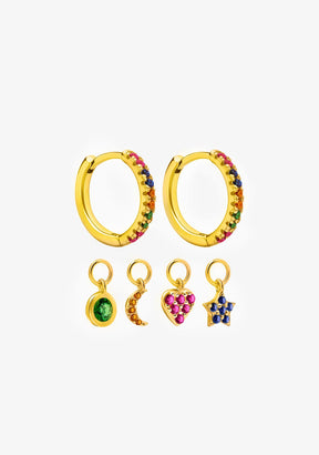 4 Charms Multicolor Hoop Earrings Gold