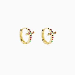 Mini Hoop Cross Multicolor Zirconias Gold Earring