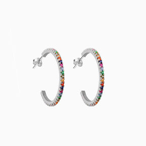 Multicolor Zirconias Medium Silver Hoop Earrings