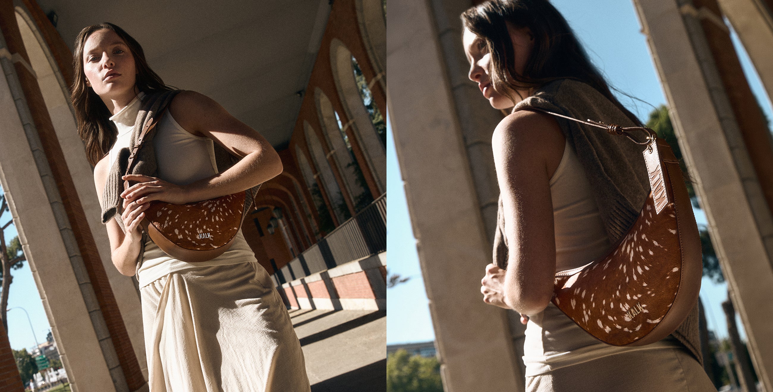 Model wearing the Crescent Deer bag